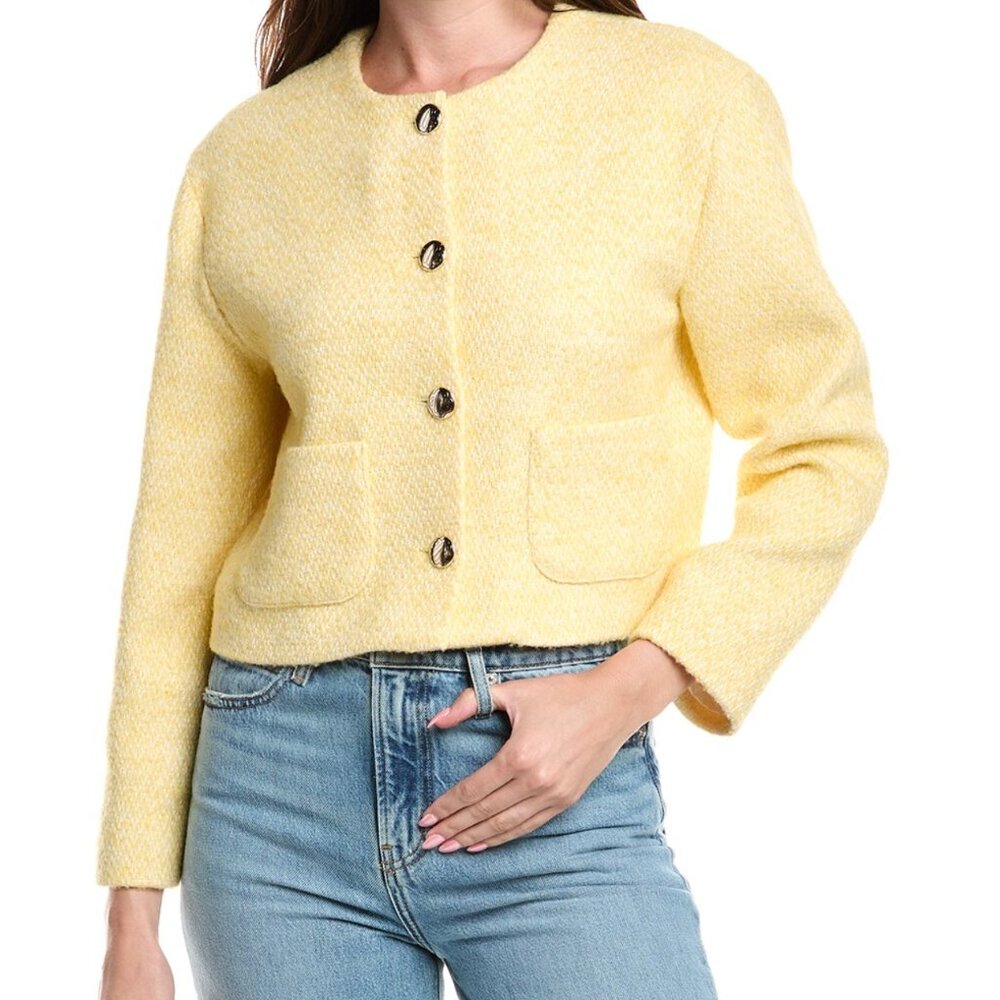 Maje Pale Yellow Cropped Bouclé Jacket